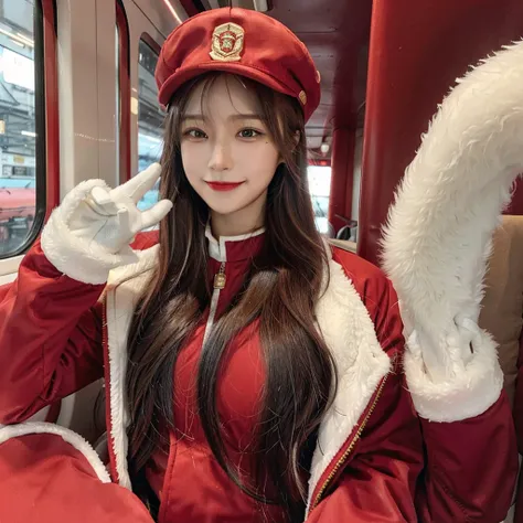 1woman, Long hair red, smile, red pilot uniform, red train pilot suit, white gloves, red pilot hat,