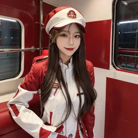 1woman, Long hair red, smile, red pilot uniform, red train pilot suit, white gloves, red pilot hat,