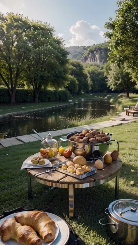 An outdoor egg table，There are portable stoves and aluminum pots on top，And fruits、steak、Croissants and other delicacies，The viewing angle is 70 degrees downward，A grass and stream in the background，The midday light is bright and low，Cinematic shot-style，U...