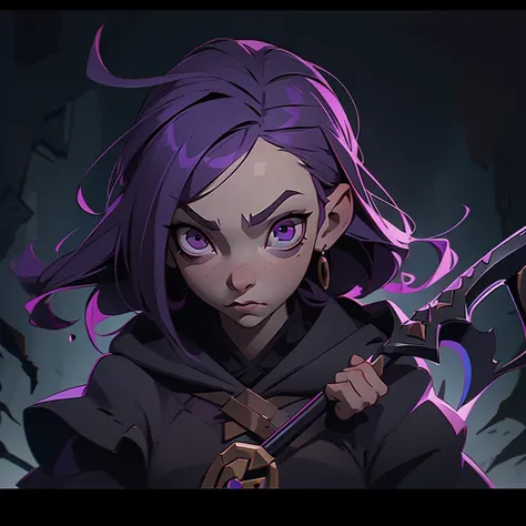 a cartoon image of a person with a scythe, natalie from epic battle fantasy, dark and grim lighting, looks like christina ricci, chibi monster girl, purple cloth, hearthstone card artwork, horror tones, inside a crypt, dwarf, dark colour, rotten flesh, vil...