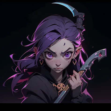 a cartoon image of a person with a scythe, natalie from epic battle fantasy, dark and grim lighting, looks like christina ricci, chibi monster girl, purple cloth, hearthstone card artwork, horror tones, inside a crypt, dwarf, dark colour, rotten flesh, vil...