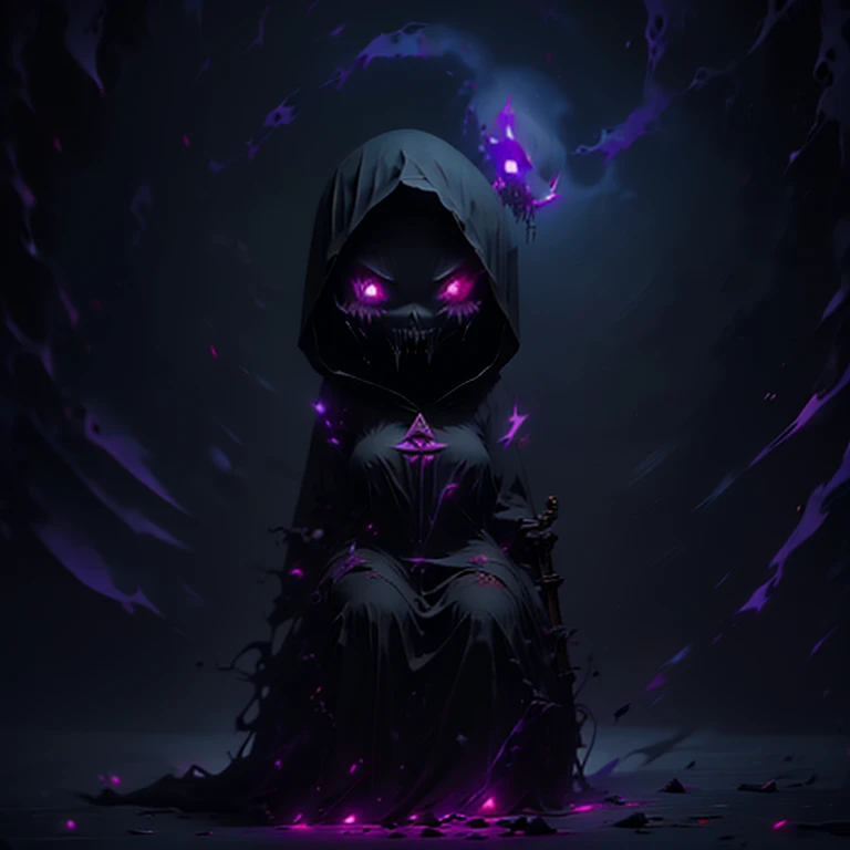 a cartoon image of a person with a scythe, natalie from epic battle fantasy, dark and grim lighting, looks like christina ricci, chibi monster girl, purple cloth, hearthstone card artwork, horror tones, inside a crypt, dwarf, dark colour, rotten flesh, vil...