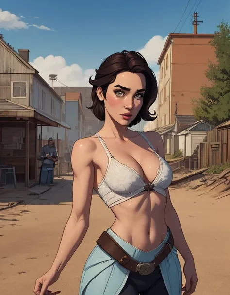 Woman character jeday style warrior armed with a 38 revolver western style atompunk Fallout 4 Jennifer Connelly le with marks of war Cartoon image of a woman .Ilustra??o estilo desenho animado, estilo de arte dos desenhos animados, estilo de arte dos desen...