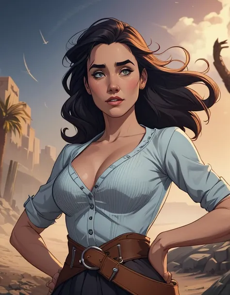 Woman character jeday style warrior armed with a 38 revolver western style atompunk Fallout 4 Jennifer Connelly le with marks of war Cartoon image of a woman .Ilustra??o estilo desenho animado, estilo de arte dos desenhos animados, estilo de arte dos desen...