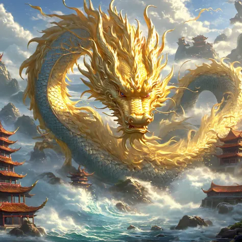 in the fantasy world, golden dragon，{a head}，rich details,ocean,sky,mountain,thunder，traditional chinese architecture,