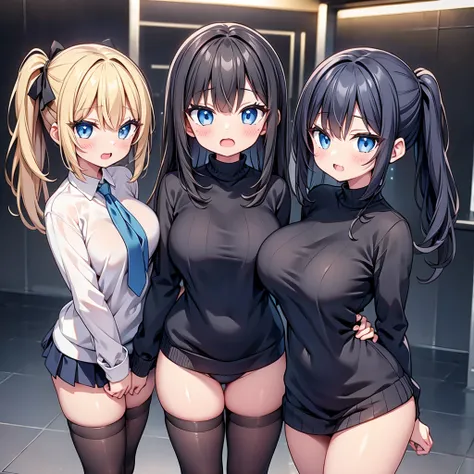 (cute eyes:1.2), (sparkling eyes:1.2), highest quality,wonderful,finely,extremely detailed CG Unity 8K wallpaper, (Stand in line:1.2), (3 girls, clothed), (black aran sweater :1.1), (midium breasts), (open mouth:1.1), (long tongue:1.1), (mouth drool:1.1), ...