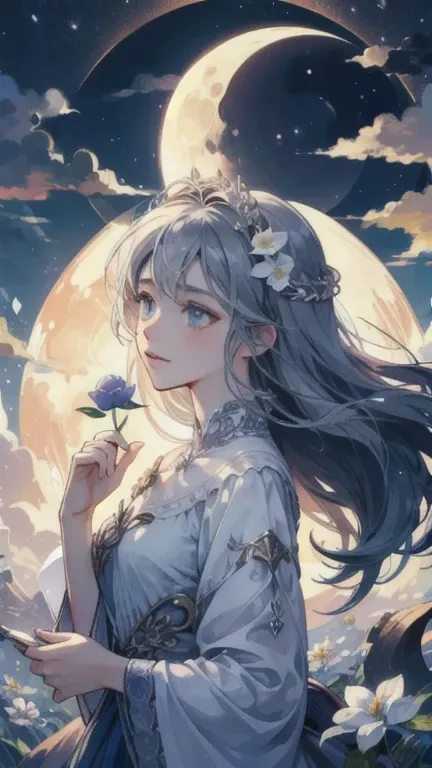 ((best quality)), ((masterpiece)) Moon, Luna, Goddess, Flower