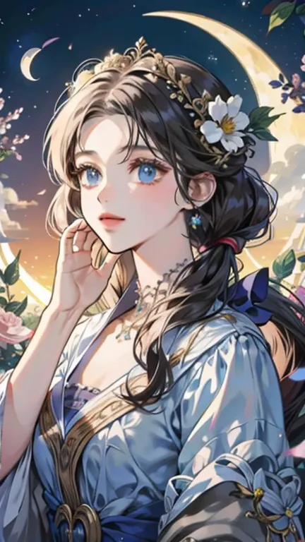 ((best quality)), ((masterpiece)) Moon, Luna, Goddess, Flower