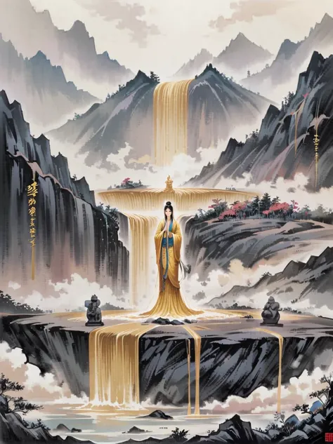 Zao Wou-Ki，Imagine a place under a dark sky，A golden waterfall flowing from the source of light，Bringing light to the silent earth，Creates a surreal and silent atmosphere，Ultimate texture，Lapis Lazuli and Gold，Layers of mountains，Many, many Buddha statues