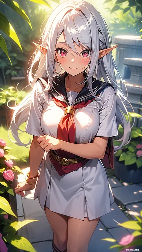 An elf woman, very dark tanned skin, beautiful silver hair, tied back, pointed ears, beautiful red eyes, pink lips, looking at the viewer, shy face, cheerful smile, masterpiece , short-sleeved sailor suit, knee-length skirt, cute pose,