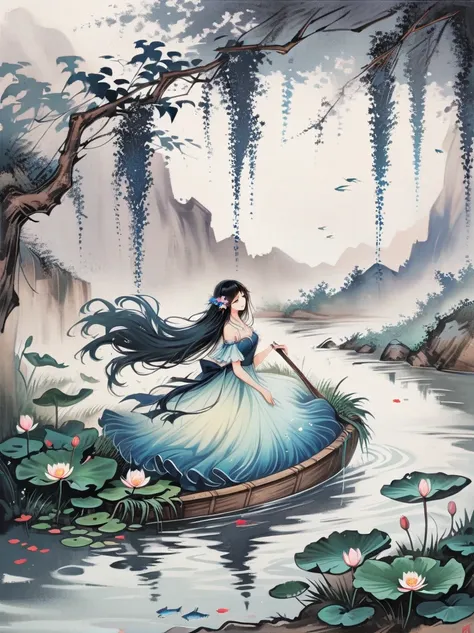 Fluid oil painting，Monet oil painting style，Beautiful woman with long flowing hair and white gauze，Water Lily，Fairy Tale Style，Light and shadow mottled，flower，water，Small fish at the bottom of the river，Fantastic surreal，chiffon，Romantic ancient style，Star...