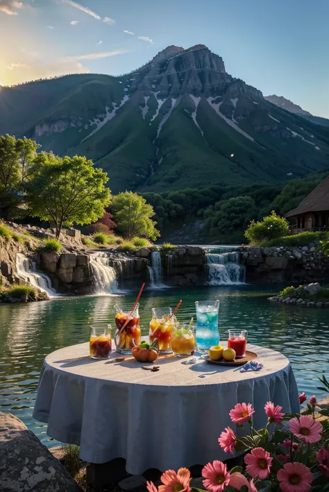 House, mountain, lake, waterfall, sunset, soft drinks, foods, fruit on the table, flowers, illustrated, detailed, vibrant colors, high resolution, realistic lighting