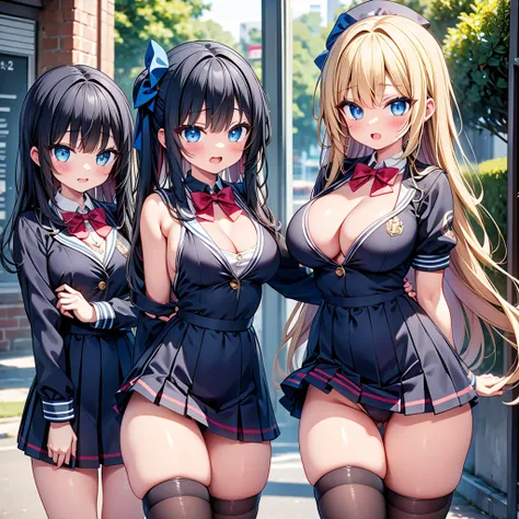 (cute eyes:1.2), (sparkling eyes:1.2), highest quality,wonderful,finely,extremely detailed CG Unity 8K wallpaper, (Stand in line:1.2), (3 girls, clothed), (cheerleader :1.1), (midium breasts), (open mouth:1.1), (long tongue:1.1), (mouth drool:1.1), (black ...