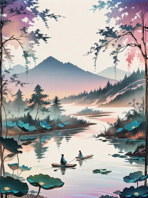 Zen，Lotus flowers in water，There are lush pine trees on both sides，The lake is sparkling，A new moon，Continuous mountains in the distance，Blurred texture，elegant，Neat，grand scene，Three-dimensional，Bioluminescence，transparent，Smooth lines，Colorful light and ...