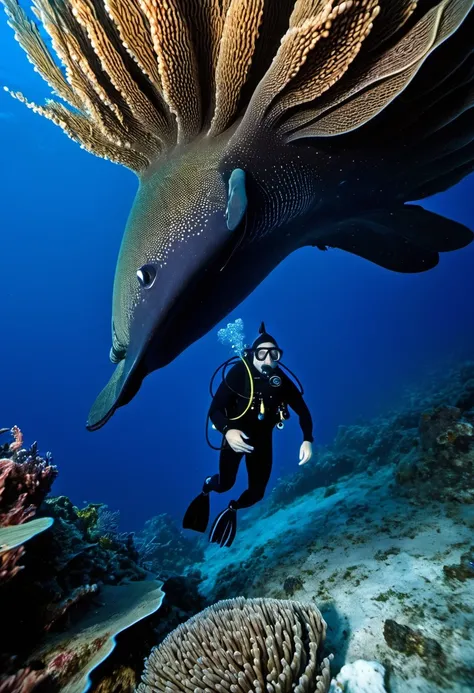 Big living creature in the deep blue sea, a diver just found it and come closer