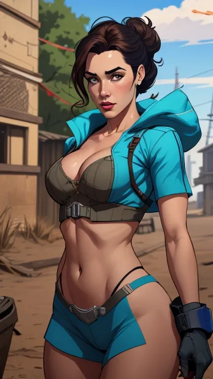 Woman character jeday style warrior armed with a 38 revolver western style atompunk Fallout 4 Jennifer Connelly le with marks of war Cartoon image of a woman .Ilustra??o estilo desenho animado, estilo de arte dos desenhos animados, estilo de arte dos desen...