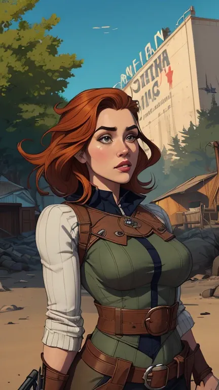 Woman character jeday style warrior armed with a 38 revolver western style atompunk Fallout 4 Jennifer Connelly le with marks of war Cartoon image of a woman .Ilustra??o estilo desenho animado, estilo de arte dos desenhos animados, estilo de arte dos desen...