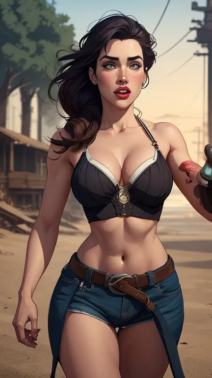 Woman character jeday style warrior armed with a 38 revolver western style atompunk Fallout 4 Jennifer Connelly le with marks of war Cartoon image of a woman .Ilustra??o estilo desenho animado, estilo de arte dos desenhos animados, estilo de arte dos desen...