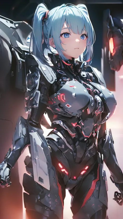 最high quality、Best image quality、masterpiece、Hatsune Miku VOCALOID、、Android Girl((18-year-old、red, A glowing black and blue cyber suit、Blue energy source on chest,Best Bust、Big Breasts、Bust 90、Twin tails、Light blue eyes、Light blue hair、Open your chest wide...