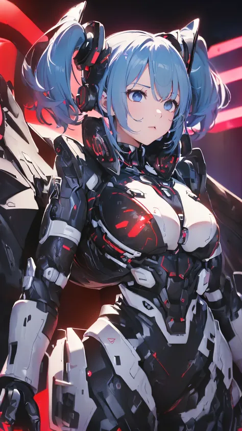 最high quality、Best image quality、masterpiece、Hatsune Miku VOCALOID、、Android Girl((18-year-old、red, A glowing black and blue cyber suit、Blue energy source on chest,Best Bust、Big Breasts、Bust 90、Twin tails、Light blue eyes、Light blue hair、Open your chest wide...