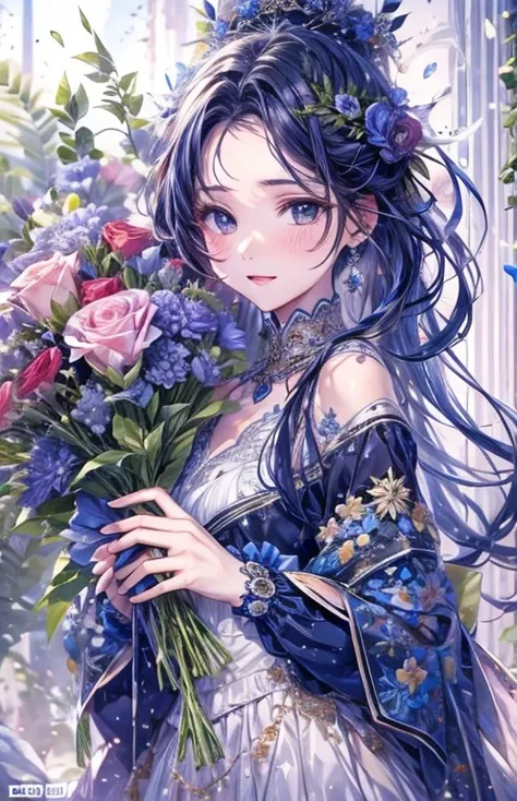 ((highest quality)), ((masterpiece)), (Get used to it), Perfect Face , beautiful girl , Princess , Dark blue , bouquet ,