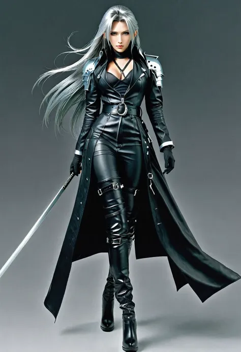 young female sephiroth, complete body, caucasian skin, short body, perfect beautiful face, full length black leather trench coat...