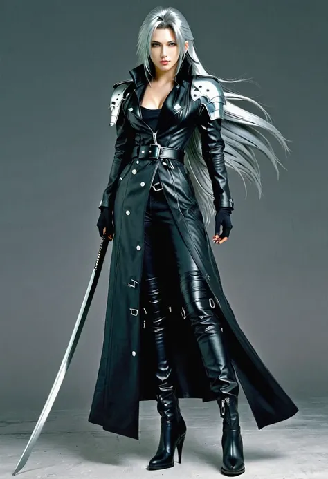 young female sephiroth, complete body, caucasian skin, short body, perfect beautiful face, full length black leather trench coat...