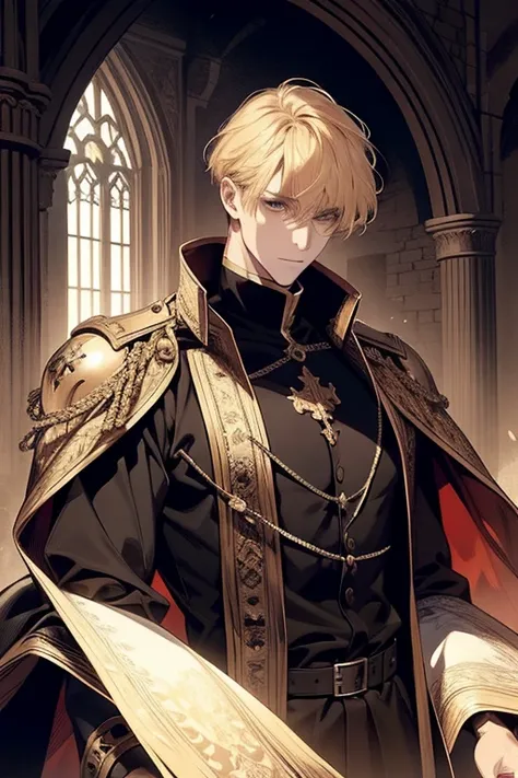 1 male, adult, blond hair with bangs, prince, black clothes, handsome, calm, beautiful, condescending, lean body, in a castle, medieval fantasy