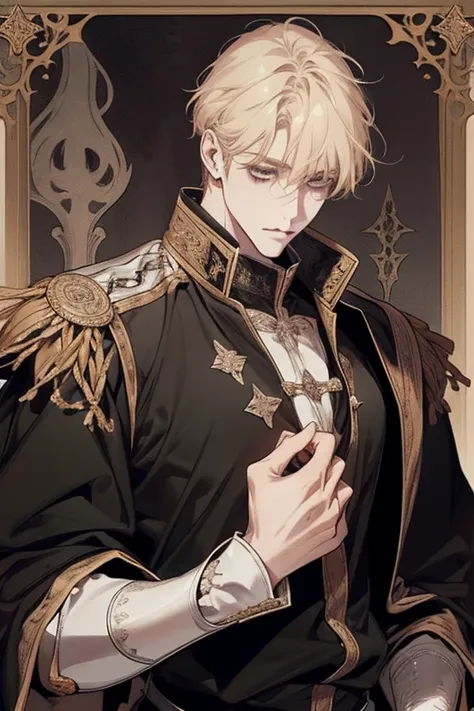 1 male, adult, blond hair with bangs, prince, black clothes, handsome, calm, beautiful, condescending, lean body, in a castle, m...