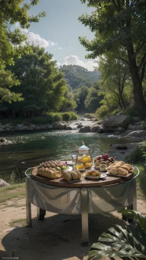 An outdoor egg table, portable stoves and aluminum pots on top, fruits, steak, croissants and other delicacies, 70 degrees downward viewing angle, grass and stream in the background, bright and low midday light, cinematic shot-style, Unreal Engine, trendin...