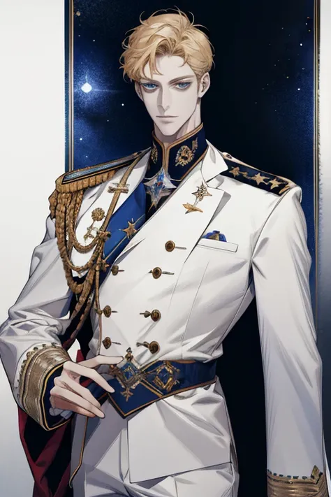 (absurdres, highres, A highly detailed), 1 male, solo, mature, handsome, tall muscular guy, broad shoulders, complex details, Colored, highest details, fantaisie, royal, nobleman, Admiral, short hair hair, blonde hair, eyes blue, Fleet Commander, navy, OC,...