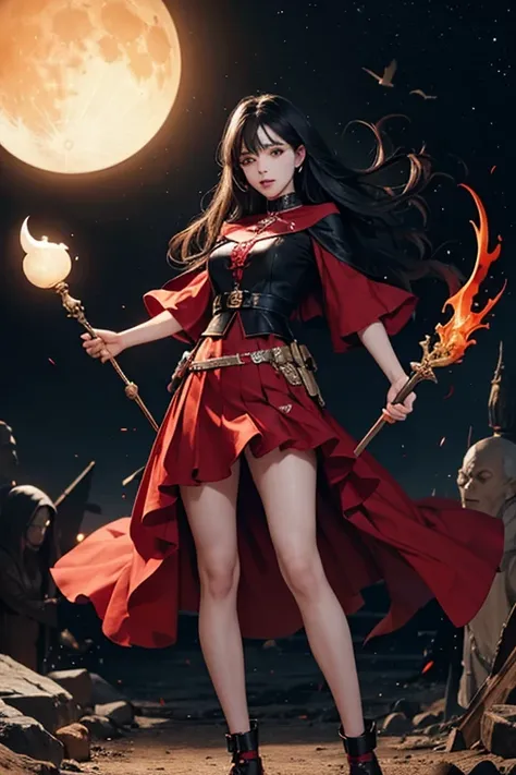 Red Witch　beautiful girl　Attack Method　Attack with a moon-shaped staff　Full body black hair　Red clothes　mini skirt