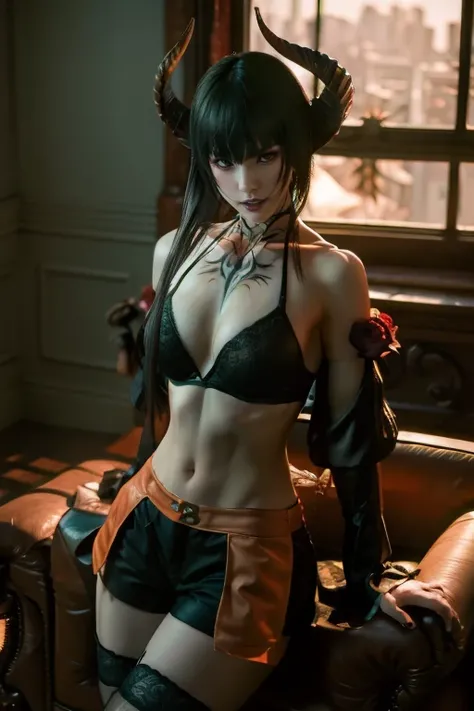 Eliza from Tekken, in a black bra with a blouse falling off her shoulders, in short shorts, sensual look, in the living room of her house relaxing, soft orange light over the environment at dusk