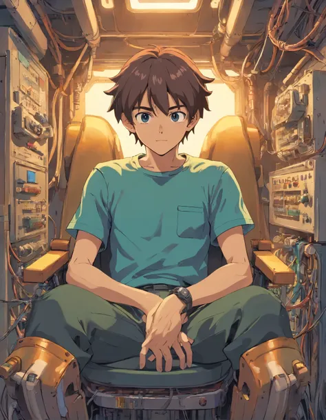 1980s anime, [a man is laying down in a seat with wires and mechanical gears attached to his body, he is maintained alive due to those wires and tubes, inspired by The Matrix, in the style of futurism grotesque, exaggerated facial features, focus stacking,...