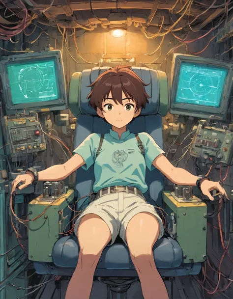 1980s anime, [a man is laying down in a seat with wires and mechanical gears attached to his body, he is maintained alive due to those wires and tubes, inspired by The Matrix, in the style of futurism grotesque, exaggerated facial features, focus stacking,...