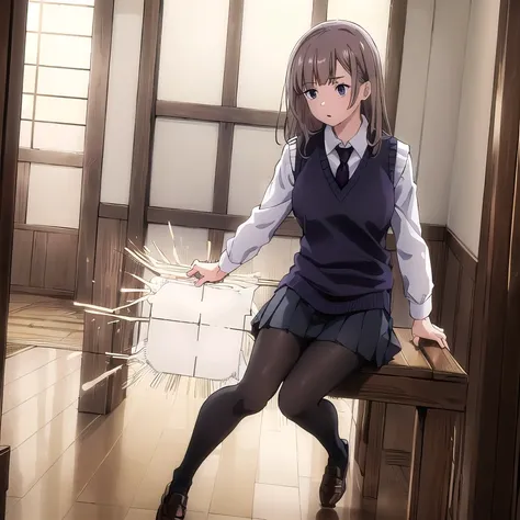 (best quality,4k,8k,highres,masterpiece:1.2),umasterpiece,high quality,solo,
sasaki,1girl,
Tied brown hair, lilac eyes, 
,white shirt,collared shirt,necktie,sweater vest,
pleated skirt,
socks,
shoes,
night,school,corridor,hiding,