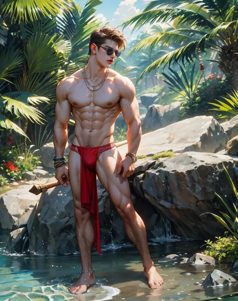 HD quality, high definition, male 18 years old handsome, muscular and slim, red lips, leaning against the rock, wearing thong, holding spear, model with bracelets, earrings and Necklace, wearing open polo, with sunglasses, fully nude and naked body, eyebro...