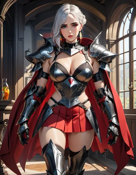 ((((Jennifer Connelly)))) as, Voluptuous, Busty White-Haired Female Dark Knight in ((((Black Full Metal)) Heavy Bikini Armor)), Red Eyes, (Thigh high Full Metal Armored Boots). (((Full Body View))), Long hair, Messy bun, (Red Cloak), BREAK (((Red Pleated S...