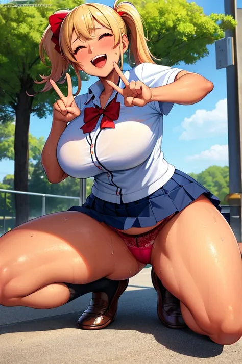 (nsfw),masterpiece,ultra detailed,sharp focus,4k digital art,high resolution,seductive anime girl,front shot,(v sign with both hands:1.5),(aroused and laughing:1.7),tareme,(adult beautiful face,curvy adult body:1.3),(upskirt:1.4),(school cardigan:1.3),dres...