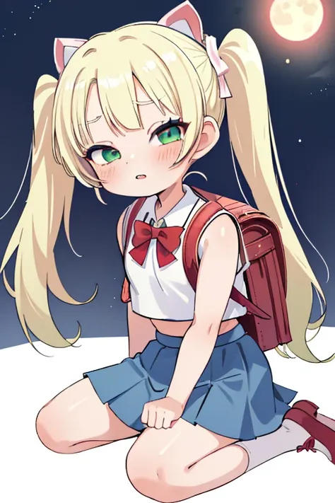 (Female teen, Blond hair in pigtails, green, eyes, fair skin) wearing a red backpack, (red backpack), ((Loli)), kneeling, crop top, sleeveless, skirt, parted lips, blush, night, flowers,moon light, (blue skirt), (white shirt), mesugake expression, (bows on...