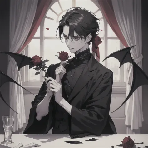 masterpiece, highest quality, male１people, adult, expensive, thin, we say, vampire, Holding a withered rose, petal, anime, monochrome, thin line, luxury