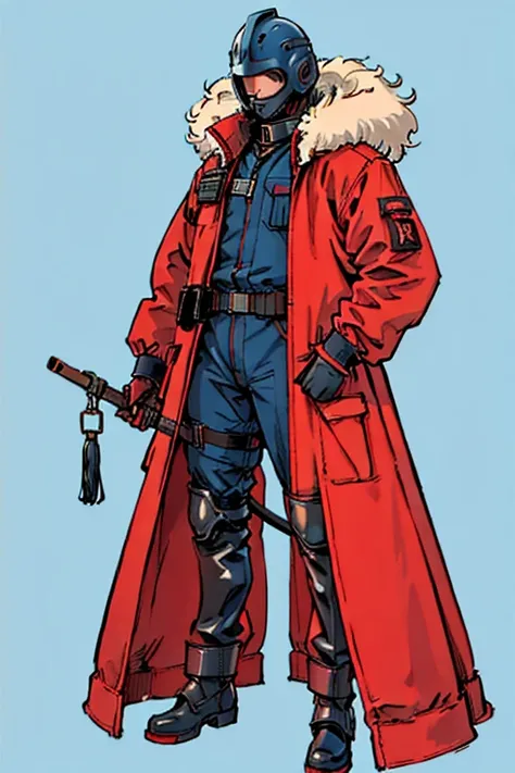 full body image, (ultra detailed,ultra high res,detailed background),((2D)),((flat color)),((muted color)), 1solo, looking at viewer, baggy flight suit, large fur collared bomber jacket, (big red galoshes), plush collar, full body image, square helmet, ((s...