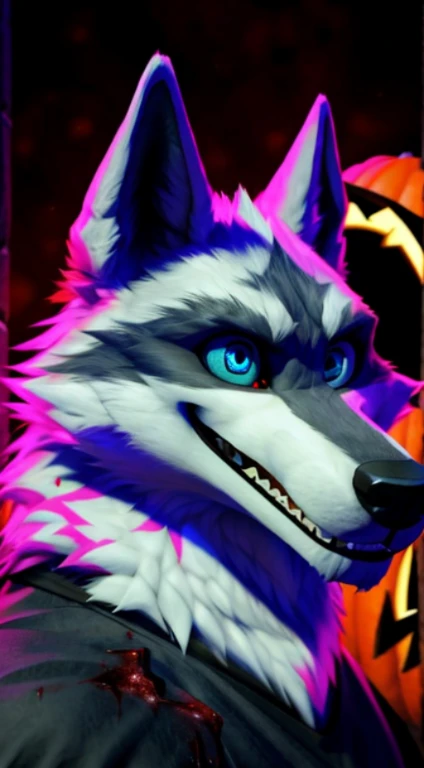 Death Wolf is hypnotized his blue eyes his pupils are like stars and red his teeth are full of blood (halloween special) 4D ULTRA HD 8K