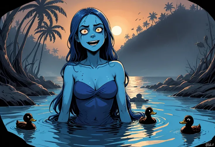 A wordless redraw of the dutch angle cinematic splash page cel shaded overjoyed unhinged webcomic postmeme meme, blue hues, shades of blue, rich blues, ducks on blue sand beach cove, rich color grading of light to dark blues across the sandy shores, unfunn...