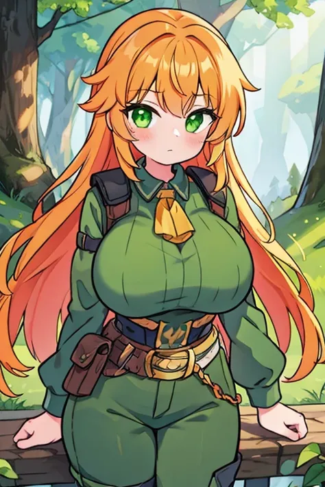 1girl, cute young girl, solo, (Orange hair), ((slightly messy hair)), (Lush, Thick, long hair), Beautiful Green eyes, ((excessively Big Breasts)), ((Huge Breasted)), a worn Green Tunic, Dark-Brown Cargo-Pants, and Grey Boots, Putting one hand on her hip, a...