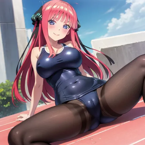 best quality, ultra-detailed masterpiece, anime art style, cute characters, nino nakano, one-piece swimsuit, large breasts, pantyhose, blush, smile, open legs