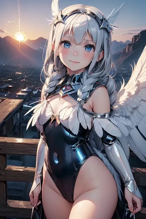 Photo of beautiful girl, masterpiece, 1 girl,
((8 years old,LOLI-CON:1.5)), silver hair, blue eyes, (angel girl, feather wing:1.2) , heavily armed,metal armored,white latex leotard, seductive smile, (crescent moon sunset:1.3), on the observatory, lakeside,...