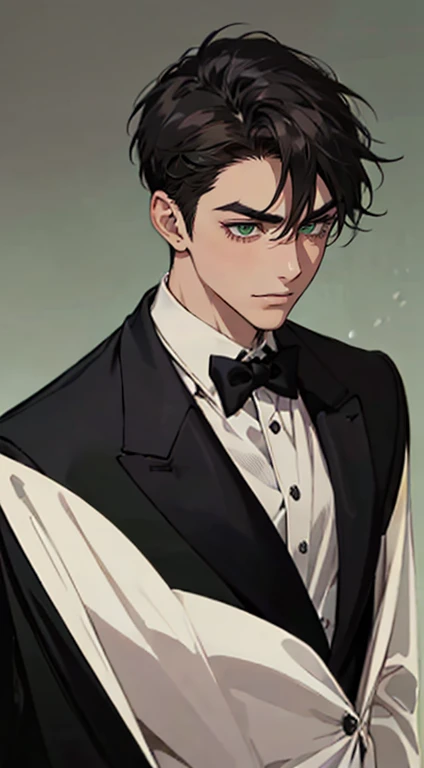 ((a young man in a black suit and tie)), taken in the early 2020s, gotham, alejandro, he looks very sophisticated, (((left side swept black short hair))), (dark green eyes and thick eyebrows), smirk. ((20 years old)), ((Black suite and black tie)), masterp...