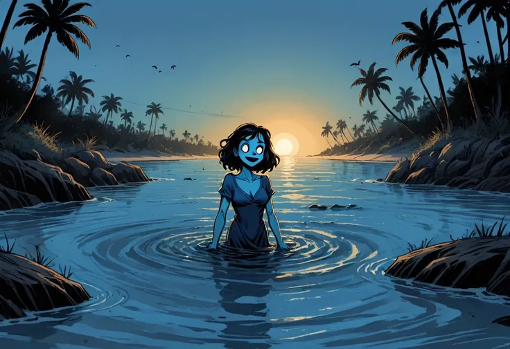 A wordless redraw of the dutch angle cinematic splash page cel shaded overjoyed unhinged webcomic postmeme meme, blue hues, shades of blue, rich blues, ducks on blue sand beach cove, rich color grading of light to dark blues across the sandy shores, unfunn...