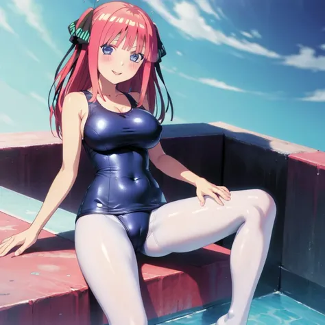 best quality, ultra-detailed masterpiece, anime art style, cute characters, nino nakano, one-piece swimsuit, large breasts, pantyhose, blush, smile, open legs